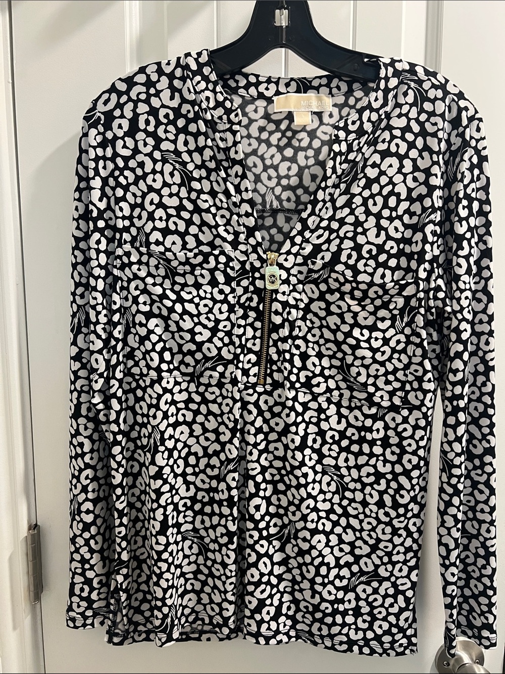 Michael Kors Black and White Zip-Front Long Sleeve Top